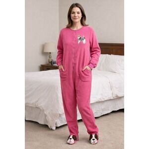 Nick & Nora Pink Dog Fleece Pajamas Footed Sleepwear Medium Cozy Cute Novelty